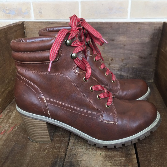 Bdg Womens Ankle Boots Brown Booties red laces - Picture 1 of 8